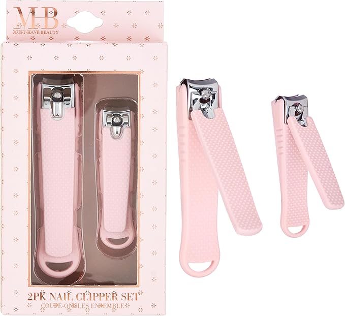 2pc Nail Clipper Set - Big & Small Precision Nail Clippers Value Pack, Water-Resistant Pink Nail Clippers with Comfortable Silicone Grip (Light Pink)