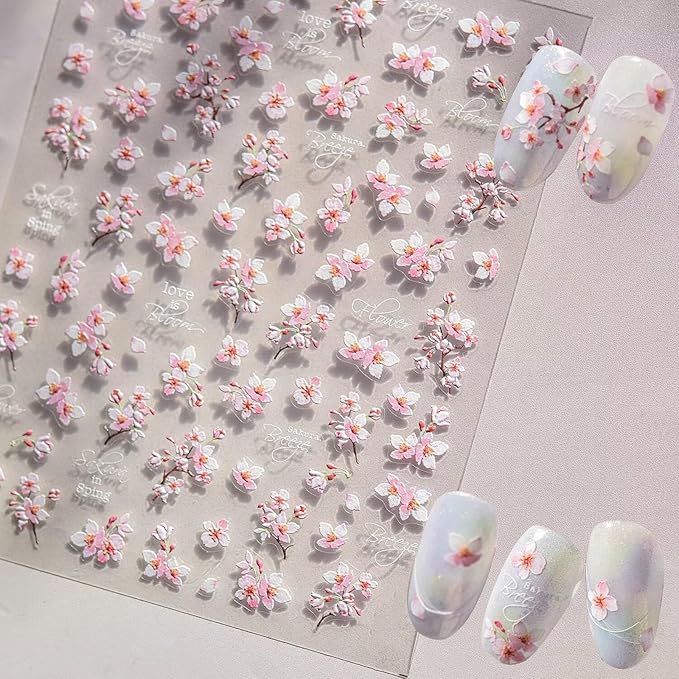 2 Sheets Flower Nail Stickers for Nail Art, 5D Embossed Self Adhesive Spring Summer Sakura Design Nail Supplies Decoration for Women Girl DIY Manicure Accessories