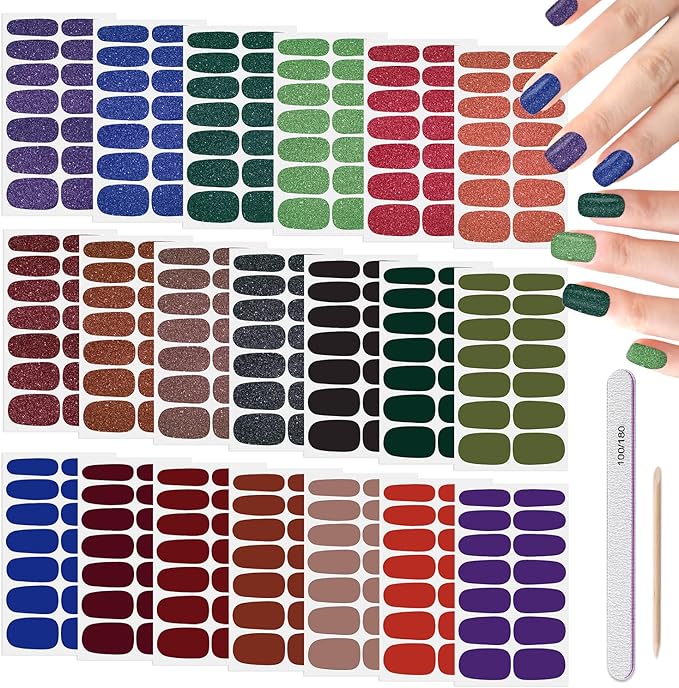 DANNEASY Nail Polish Strips (20 Sheets - Dark Solid&Glitter) Gel Nail Stickers Full Nail Wraps Gel Nail Strips Self-Adhesive Manicure Sticker Nails for Women with Nail File, Cuticle Stick