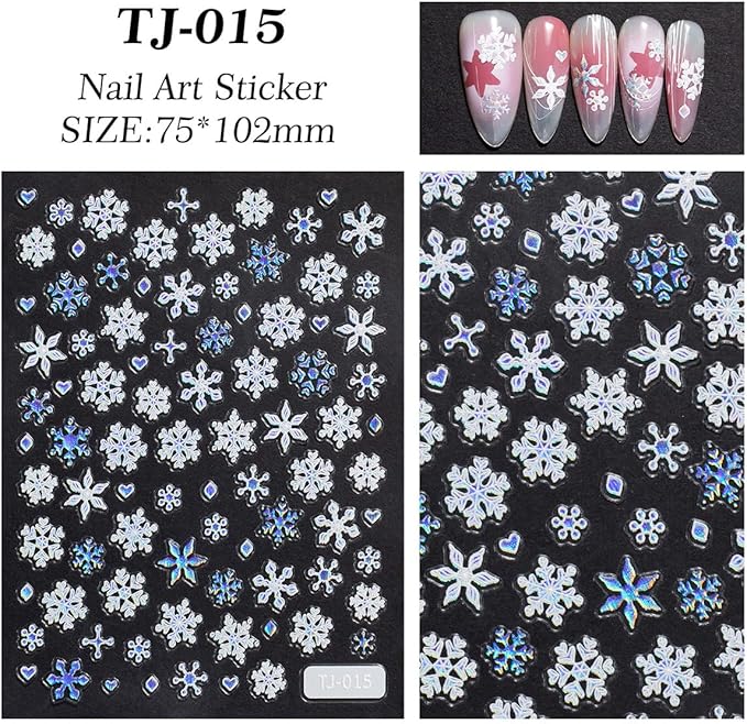 Snowflake Nail Stickers 5D Embossed Laser Christmas Snow Nail Art Stickers Self-Adhesive Pegatinas Uñas Xmas Snow Designs Holiday Winter Nail Decals Nail Art Supplies for Women Girls Acrylic Nails