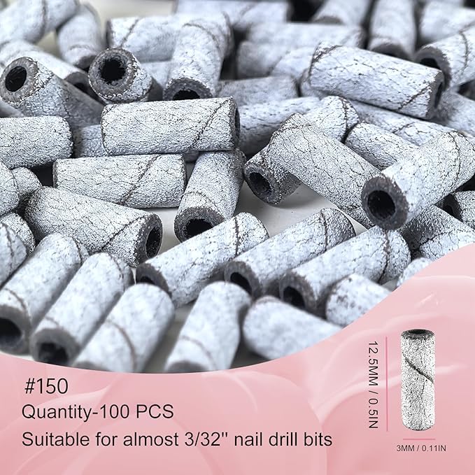 Sanding Bands for Nail Drill Nail Drill Bits Set, Corfulra Upgraded Small Sanding Bands with Mandrel Bit, 100 pcs 150 Fine Grits for Natural Nail, Nail Accessories of Nail Tech Must Haves, White