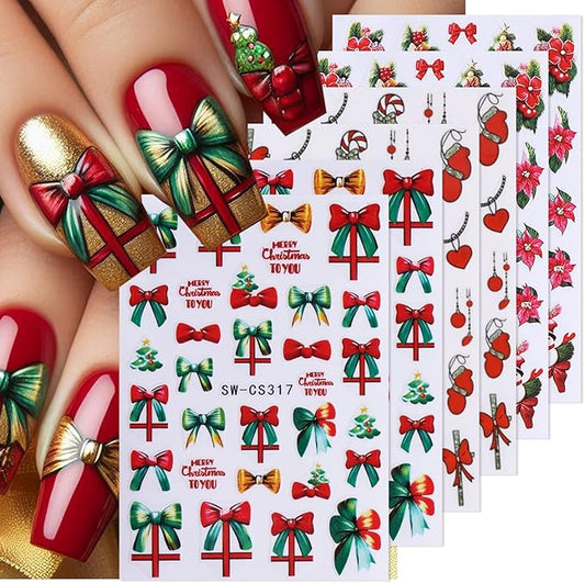 Christmas Nail Stickers Christmas Tree Nail Decals Bow Gift Crutch Nail Art Sticker Green Bow Gift Snowman Light Ball Design Heart Nail Stickers for Nail Art for Women DIY Holiday Manicure 6 Sheets