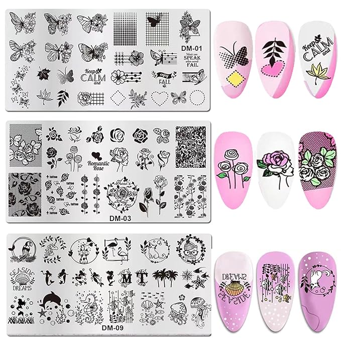 LoveOurHome Nail Stamping Plate Kit Flower Butterfly Lace Animal Fingernails Template Stencil Stamps Plate Silicone Stamper Scraper Manicure Design Tools Set (Flower)