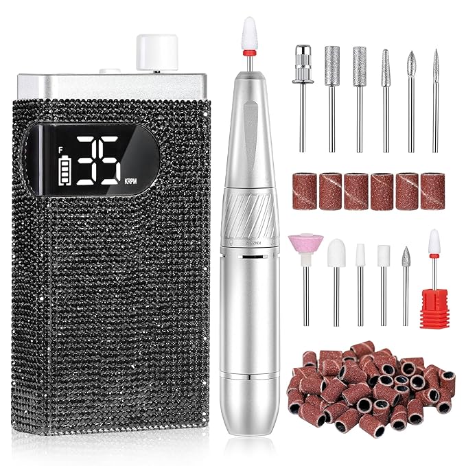 Rechargeable 35000RPM Nail Drill Sparkling Portable Professional Electric Nail File for Acrylic/Gel Nails Professional Nail Tools for Manicure Pedicure, Black Diamond