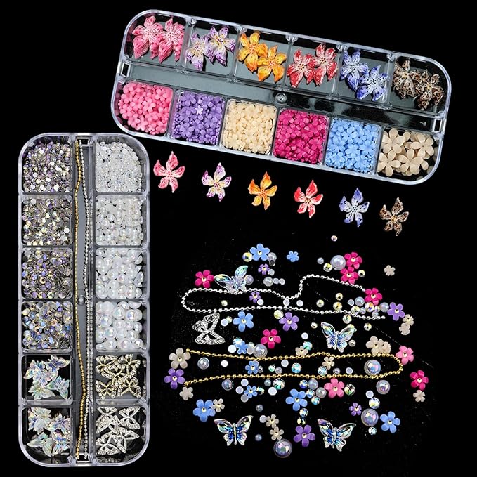 4 Boxes Nail Gems Colorful Flower Nail Charms for Acrylics - Crystals, Half Rounds Flatback Pearls and Rhinestone & Accessories for DIY Nails Art Decor for Women Nails Design