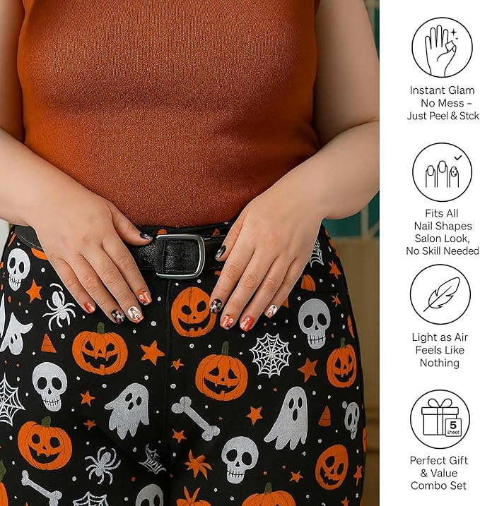Halloween Nail Decals – 5 Sheets Bratrico 5D Halloween Nail Stickers, Self-Adhesive with Skulls, Bones, Black Butterfly Spiders & Black Roses, Classic Halloween Manicure Set for Women, Girls & Teens