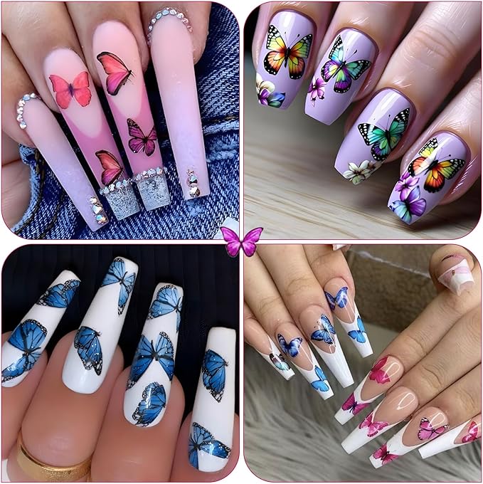8 Sheets Butterflies Nail Art Stickers - Colorful Butterflies Wing Self-Adhesive Nail Decals for DIY Spring Summer Manicure
