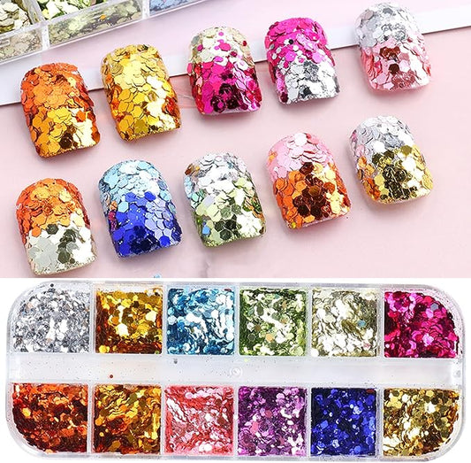 Mermaid Holographic Nail Sequins, 3D Hexagon Flakes Glitter Accessories Mirror Gradient Effect Nail Art Design Sparkly Acrylic Nails Powder for Women Girls Manicure Tips Charms Decoration (12 Colors)