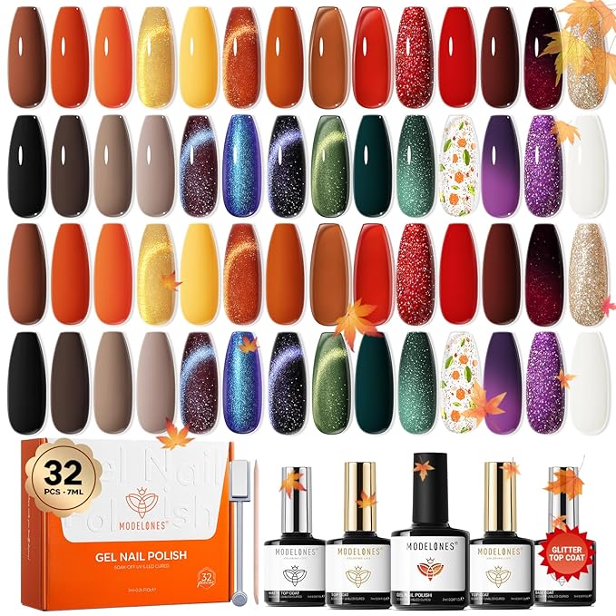 Modelones 32 PCS Fall Gel Nail Polish Kit, 28 Colors Cat Eye Glitter Brown Red Orange Gel Polish with Base Coat, Glitter & Glossy & Matte Top Coat Soak Off LED Nail Art Kit Salon at Home
