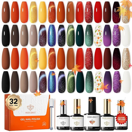 Modelones 32 PCS Fall Gel Nail Polish Kit, 28 Colors Cat Eye Glitter Brown Red Orange Gel Polish with Base Coat, Glitter & Glossy & Matte Top Coat Soak Off LED Nail Art Kit Salon at Home