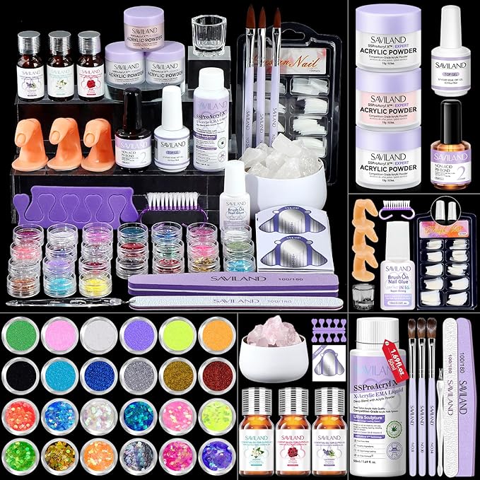 SAVILAND SSPro Acrylic Nail Kit: Clear White Pink Acrylic Powder for Beginners Acrylic Liquid Set with Brush Nail Practice Finger Essential Oil for Acrylic Nails Extension Christmas Gift Home DIY