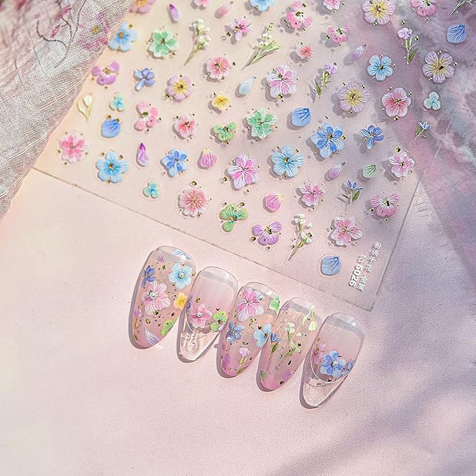 Dried Flower Nail Art Stickers Colorful Flowers Nail Decals for Acrylic Nails 3D Self Adhesive Glitter Designs Nail Sticker Cute Floral Nail Decal Spring Summer Manicure Supplies for Women DIY Decor