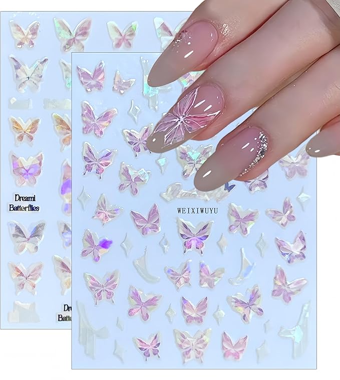6Sheets Butterfly Nail Art Stickers Aurora Shell Butterfly Nail Decals Self Adhesive Butterflies Nails Design Stickers Glitter Butterflies Gradient Nail Supplies for Women Acrylic Nail Decoration