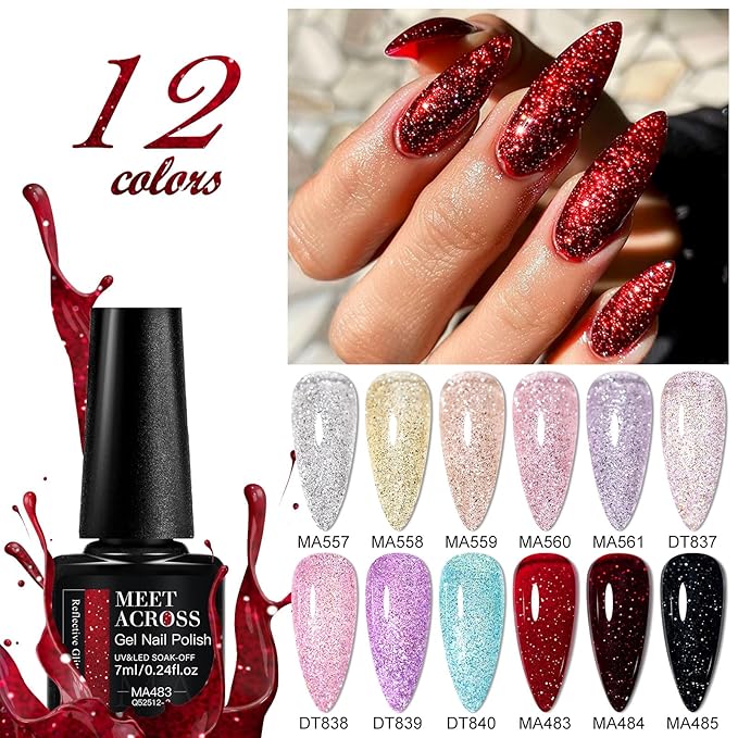 MEET ACROSS 12PCS Gel Nail Polish Set, 12 Colors Gel Nail Kit Art Design Soak Off UV LED,Nail Art Design Gifts for Women (SET-9, 12PCS)