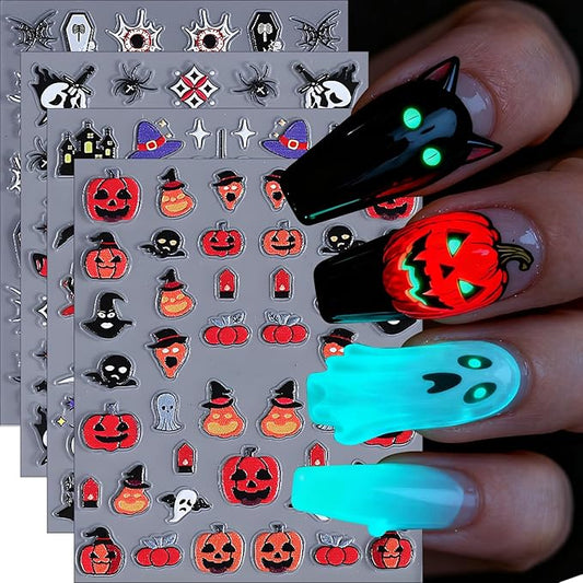 Halloween Nail Art Stickers, Cute Pumpkin Nail Art Decals 3D Self-Adhesive with Bat Skull Spider Web Cat Ghost Nail Design 4Pcs Halloween Nail Art Supplies for Women Nail Decoration
