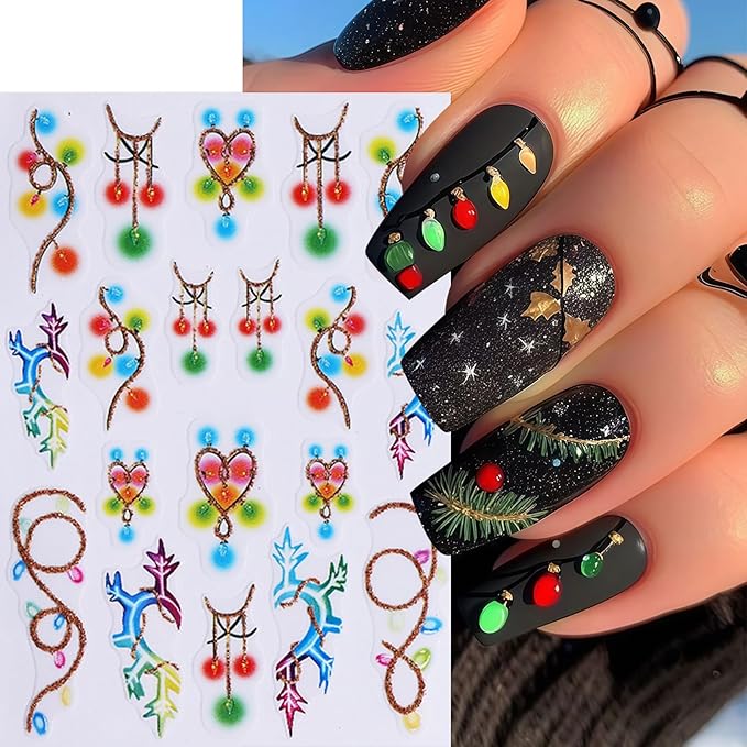 6 Pcs Christmas Nail Art Stickers 3D Self-Adhesive Colorful Light String Design Nail Decals Gold Glitter Christmas Tree Snowball Elk Holly Leaf Nail Supplies DIY Christmas Nail Decoration for Women