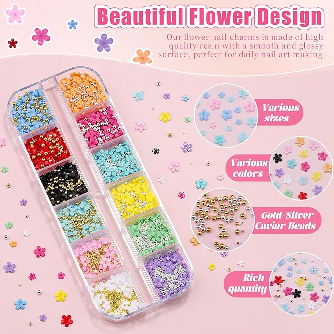 3D Colorful Flower Nail Charms with Gold Silver Metal Caviar Beads Cherry Blossom Petal Spring Nail Art Charms Acrylic Floral Studs for Women DIY Manicure Crafts (1-S1-Solid)