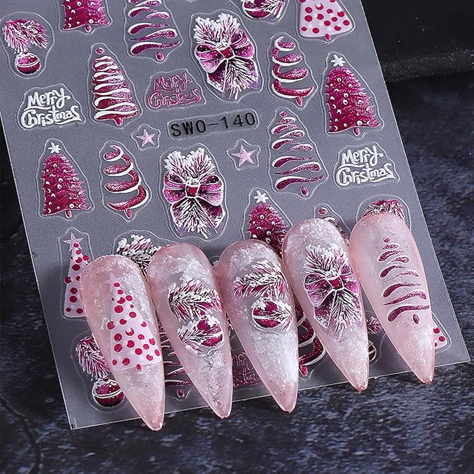 5D Embossed Christmas Nail Stickers for Nail Art - Pink Purple Nail Art Stickers Christmas Tree Bow Light Ball Nail Decals Snowflake Nail Supplies for Women DIY Christmas Decorations 3 Sheets