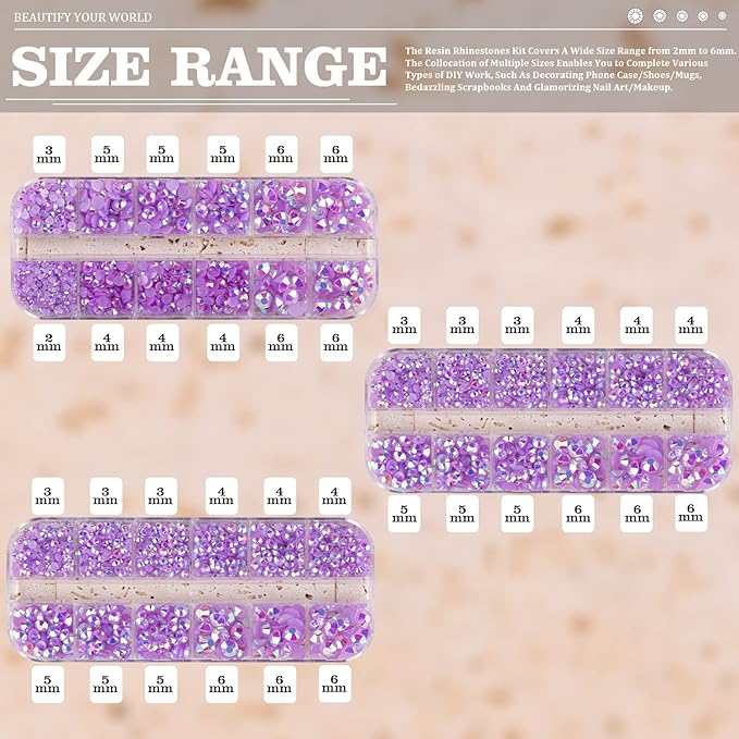 5000PCS Resin Rhinestones with Tweezers for Crafting, 2/3/4/5/6mm Flatback Jelly Rhinestones, 3 Box Lavender Purple AB Non Hotfix Crystal Gems for DIY Crafts Mugs Tumblers Clothes Makeup Nail