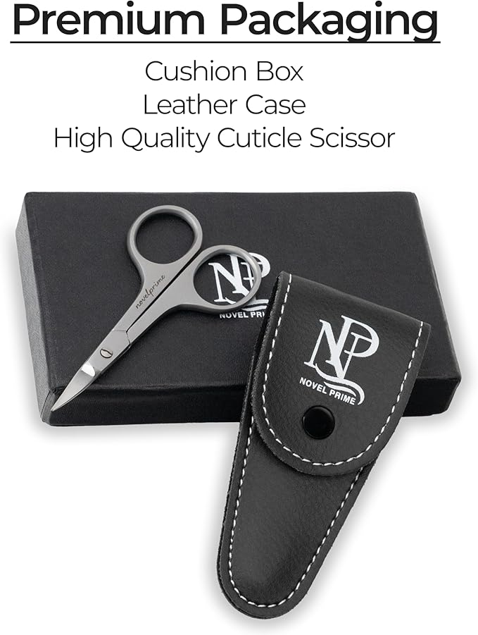 Novel Prime| Stainless Steel Cuticle Scissor with Extra Fine Curved Blade| Nail Scissors for Precise Pointed Tips| Manicure Scissors for Grooming and Eyebrows with Premium Leather Pouch (1 Count)