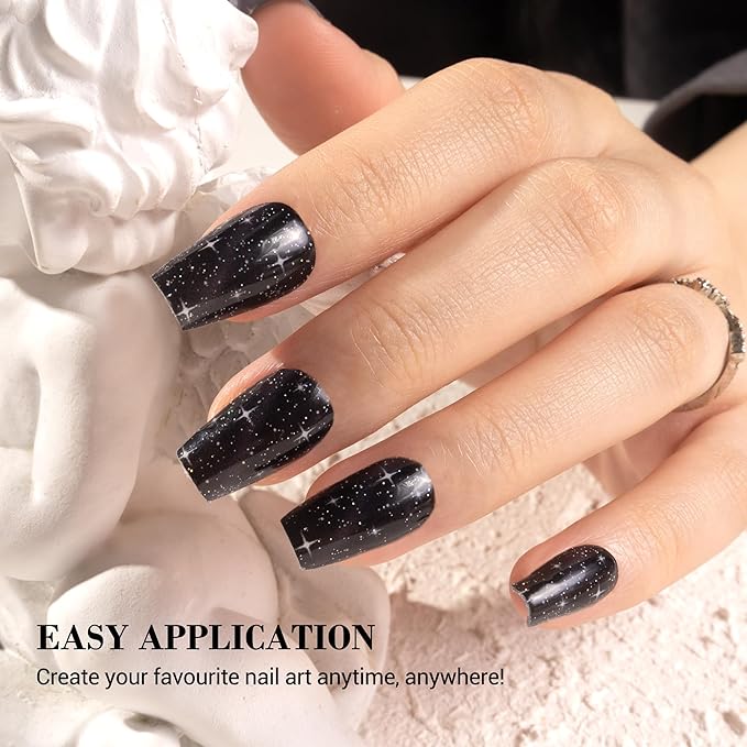 MelodySusie 20PCS Semi Cured Gel Nail Strips (Stellar Noir), Works with Nail Lamp, Salon Quality, Long Lasting, Easy to Apply and Remove
