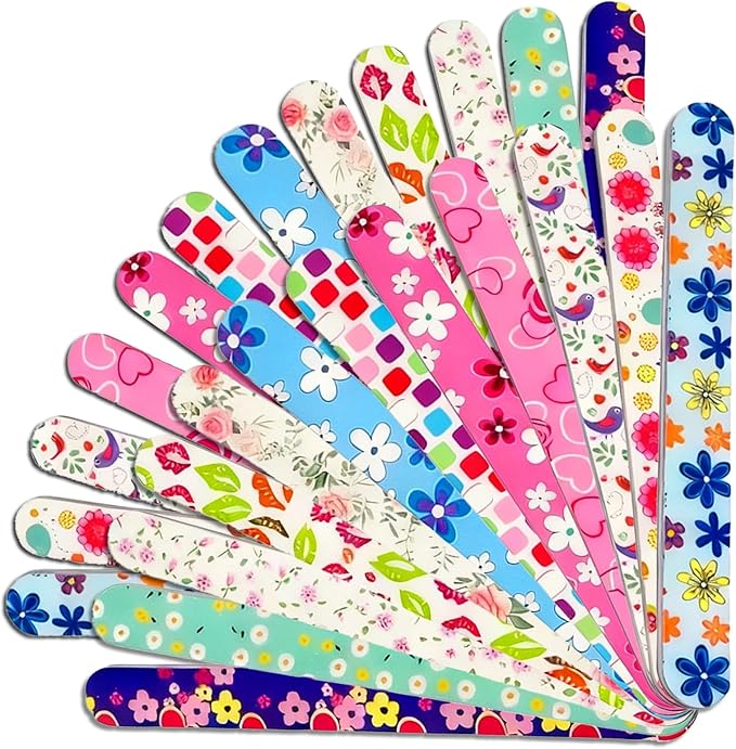 24 Nail Files, Colored Emory Plate Nail Files Double Sided 180 Grains Professional Manicure Emory Plate Buffer Pedicure Tools Nail Shaping Polishing Files (Flower Series, Count, 24, 100/180 Grit)