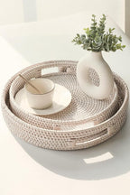 HITOMEN Hand-Woven Round Rattan Serving Tray Decorative Ottoman Wicker Platter - Image 4