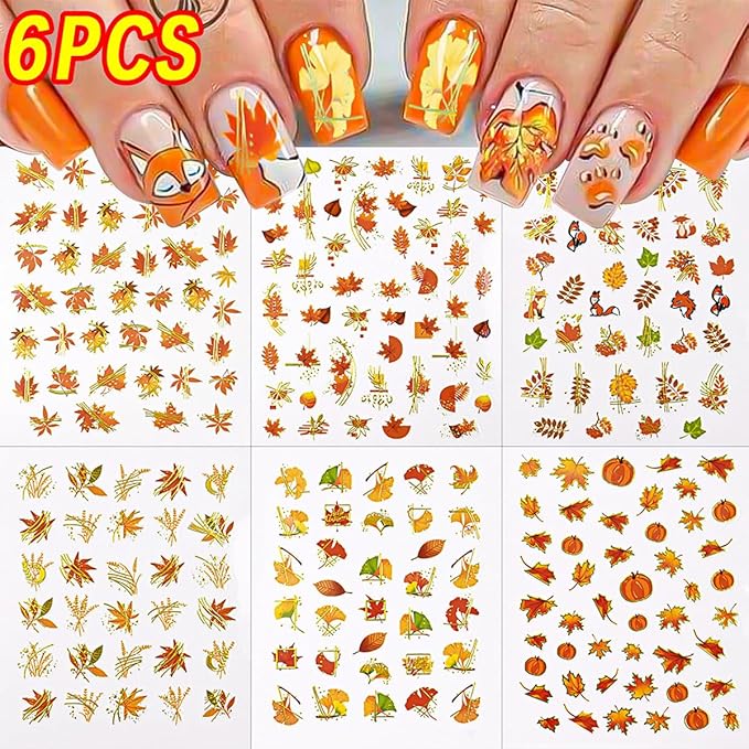 6 Sheets Fall Maple Leaf Nail Art Stickers 3D Self-Adhesive Glitter Gold Gilding Line Nail Design Stickers Cute Fox Pumpkin Nail Decals Thanksgiving Nail Art Decorations for Women Acrylic Manicure DIY