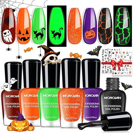 Morovan Halloween Nail Polish Set: Black Crackle Pumpkin Orange Glow in the Dark Neon Green Fingernail Polish Kit with Nail Stickers 2025 Quick Dry Manicure for Women Girls Party Costumes Gifts