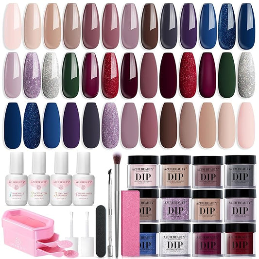 AZUREBEAUTY Dip Powder Nail Kit Starter 20 Colors Nude Brown Glitter Purple Blue Dipping Powder Liquid Set with Top/Base Coat Activator for French Nail Art Manicure DIY Salon Gifts for Women