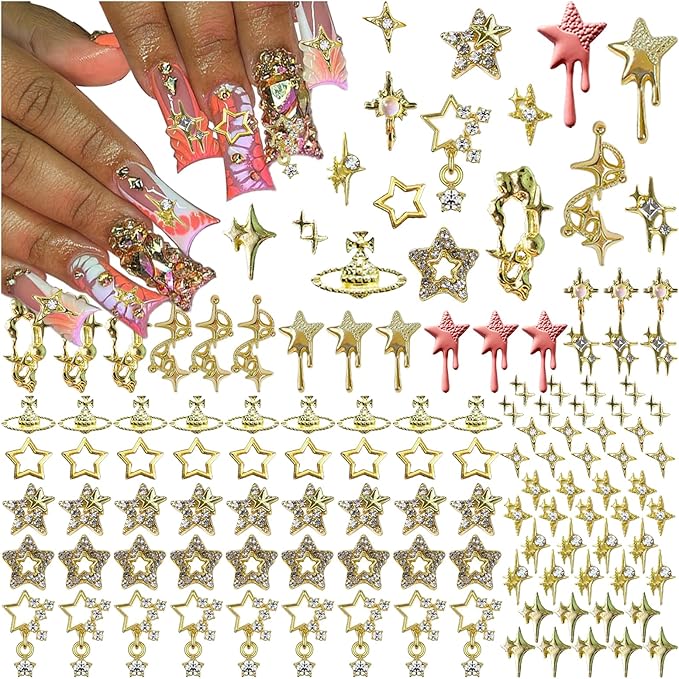 124PCS Star 3D Nail Charms for Acrylic Nails, Gold Alloy Nail Gems Starburst Nail Accessories, Nail Rhinestones for Nail Art Supplies Manicure Craft DIY