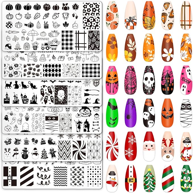 Whaline 6Pcs Fall Halloween Christmas Nail Plates Stamping Set Pumpkin Ghost Snowman Stamp Templates Nail Art Plates for DIY Print Manicure Salon Design