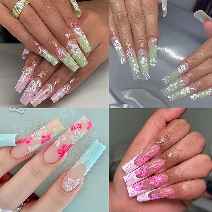 8 Sheets 3D Colored Flower Nail Stickers Summer Hibiscus Nail Decals 3D Self-Adhesive White Pink Gold Flower Pattern Women's Nail Art Supplies Decoration Accessories