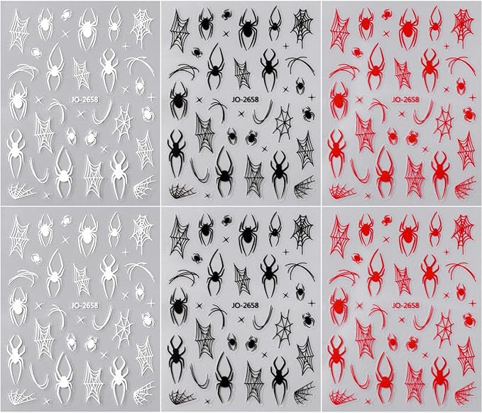6 Sheets Halloween Spider Nail Stickers White Red Black Spider Web Nail Art Stickers 3D Self-Adhesive Horror Spiders Nail Decoration Scary Halloween Nail Decals for Women Girls Nail Art Designs