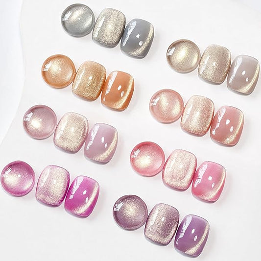 MIZHSE Cat Eye Gel Nail Polish, 8 Colors Glass Magnetic Gel Polish Set with Magnet Stick, Crystal Jelly Pink Purple Colors with Gradual Gold Cat Eye Effect Nail Polish Soak Off Nail Art Gift for Women