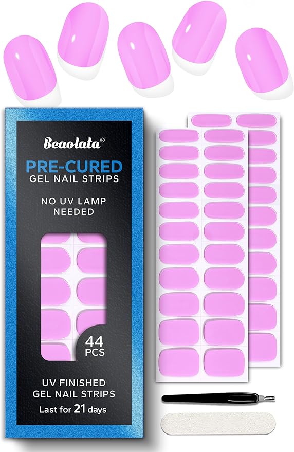 Pre Cured Gel Nail Strips - 44PCS Salon Quality Gel Nail Stickers - Long Lasting Polish Wraps for Women no UV Light Needed Easy Apply& Remove (Macaron Pink）
