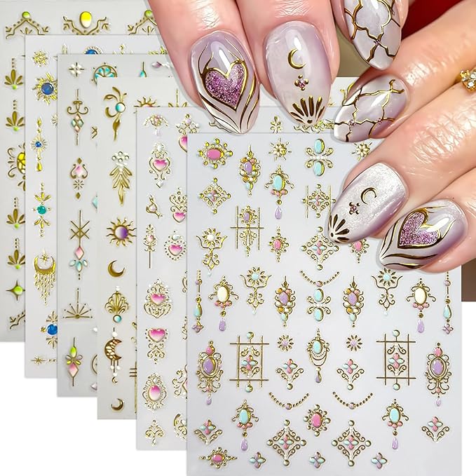 6 Sheets Bohemian Style Nail Decals Embossed Star Nail Art Stickers 5D Self-Adhesive Gold Stars Moon Sun Nail Decals Bohemia Nail Designs Stars Nail Decoration for Women Girls DIY Manicure Decor
