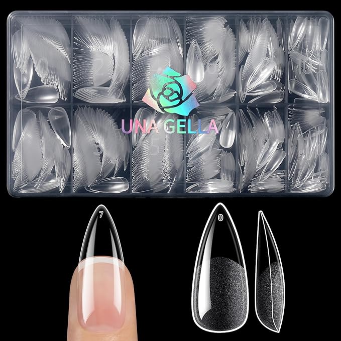 UNA GELLA Halloween Stiletto Gel Nail Tips 600Pcs, Medium Stiletto Press on Nails Almond Shape Pre Etched Full Cover Soft Gel Nails Tips for Nail Extensions Art DIY Salon 12 Sizes at Home