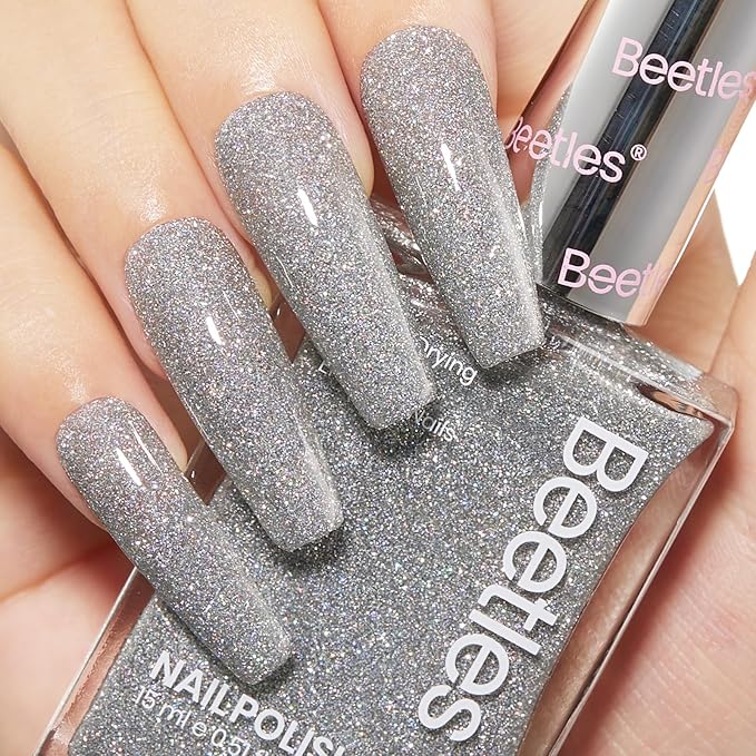Beetles Glitter Nail Polish, 1Pcs 15ml Quick Dry Holographic Nail Polish, shimmering silver Nail Lacquer Art Effect for Nail Salon DIY at Home, Nail Art Design for Women