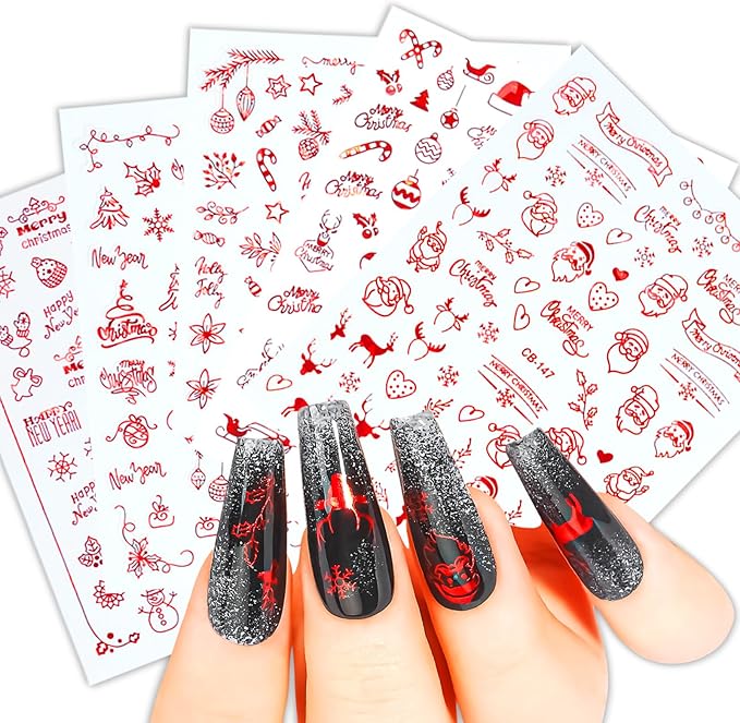 HNUIX Nail Stickers - 3D Christmas, Self Adhesive Nail Decals, Multi Pattern, Red, 9 Sheets, for Nail Art