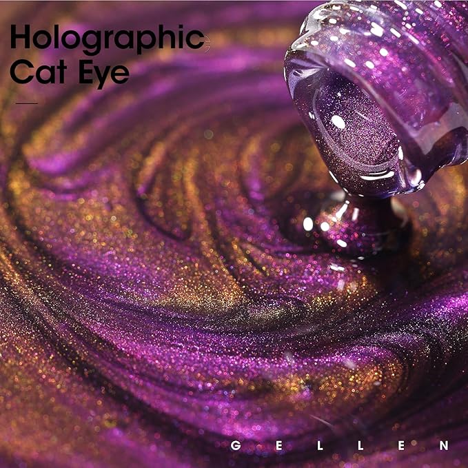 GELLEN Cat Eye Gel Polish, 18ml Magnetic Gel Polish Holographic Glitter Purple Nail Polish Gel Soak Off UV LED Shimmer Nail Gel Nail Art Manicure Gifts for Women Girls