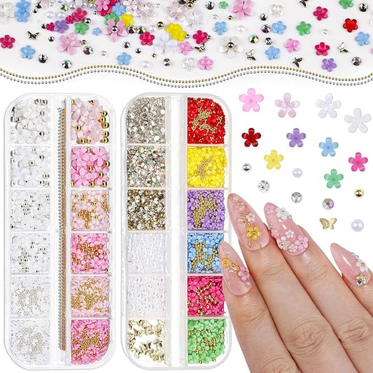 2 Boxes Colorful Flower Nail Charms and Gems, Pink Nail Flower Charms Metal Butterfly Crystal AB Clear Gemstones Silver/Gold Caviar Beads White/AB Pearls with Nail Chain for DIY Nails (5-S2-Mixed2)