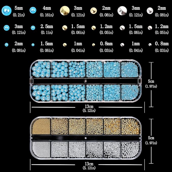 Nail Art Pearls with Rhinestones Glue Gel Flatback Pearls Nail Charms Luxurious Nails Supplies Accessories Gold Silver Gems Jewelry Pearl for Women Nails Design(Blue)