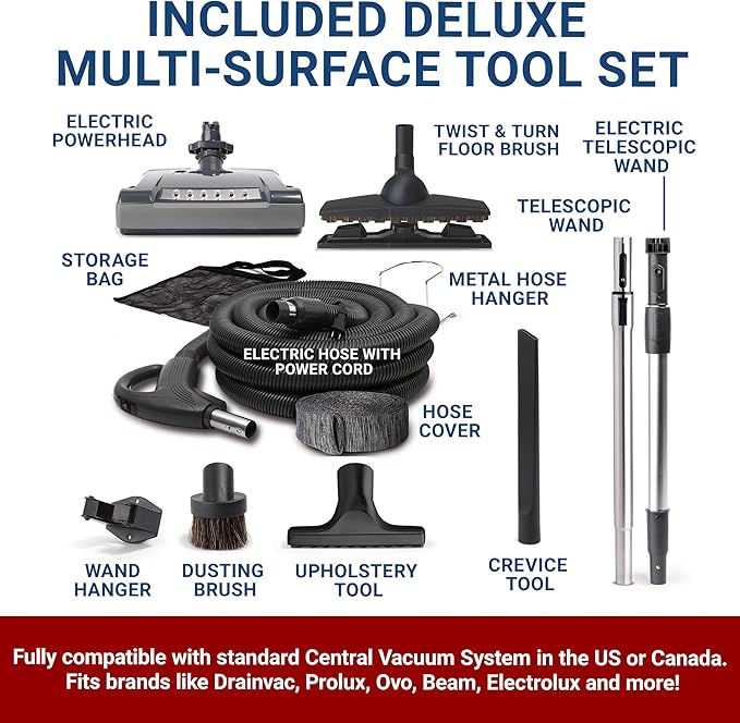 Drainvac Broan-nutone 550 Air watts Central Vacuum System and Deluxe Multi-Surface Tool Set for Cleaning Floors,Carpets, Anti-Vibration, Powerful Suction