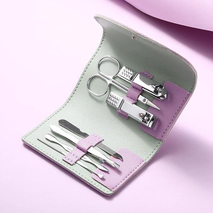 12 Set Manicure Set Bulk Mini Manicure Nail Clipper Kit 7 in 1 Stainless Steel Professional Nail Care Pedicure with Travel Portable Bag Grooming Kits for Christmas Women Men Home(Purple)