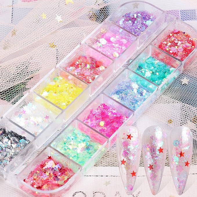 12 Colors Nail Art Sequins Mermaid Iridescent Nail Glitter Flakes Design Holographic Acrylic Nails Supplies for Nail Art Gel Polish Nail Art Powder Women Girls Manicure Tips 3D Charms Decoration