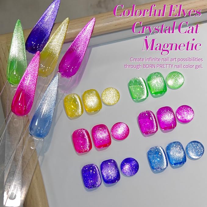 Born Pretty Cat Magnetic Eye Gel Nail Polish Spring Summer Neon Shimmer Glitter Holographic Cat Magnetic Eye Gel Crystal Glass Cat Magnetic Gel Polish Nail Art Manicure DIY at Home 6PCS