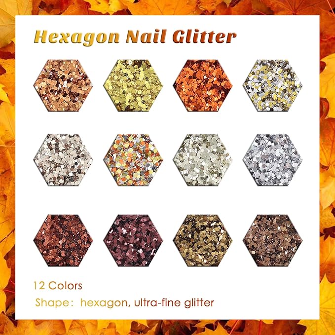 Laza Autumn Nail Glitter, 12 Colors Acrylic Nails Art Glitter Powder Sequin, Retro Copper Iridescent Flake Paillette Sparkle Tip 120g for Gel Polish, Face, Eyes, Body, Hair, Jewelry, Resin -Golden Age