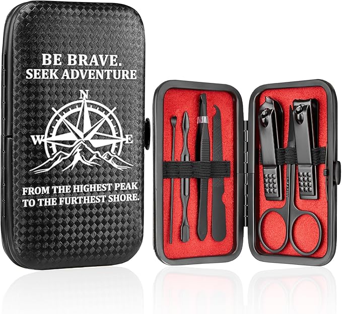 COSHAYSOO Christmas Stocking Stuffers Small Useful Funny Birthday Gifts for Men Travelers, 7 Pcs Travel Manicure Set with Black Case for Mens Nail Clipper Grooming Kit Fingernail Care Tools