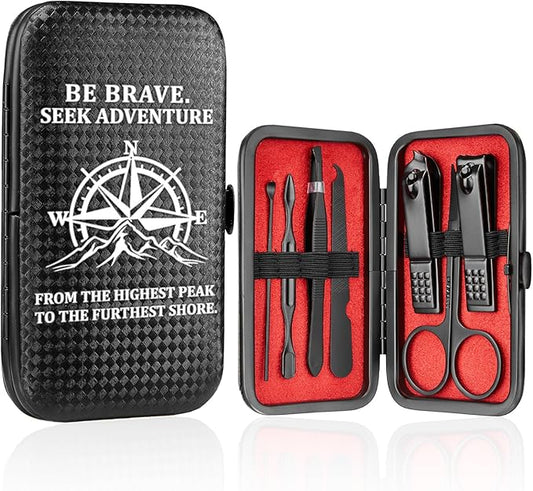 COSHAYSOO Christmas Stocking Stuffers Small Useful Funny Birthday Gifts for Men Travelers, 7 Pcs Travel Manicure Set with Black Case for Mens Nail Clipper Grooming Kit Fingernail Care Tools